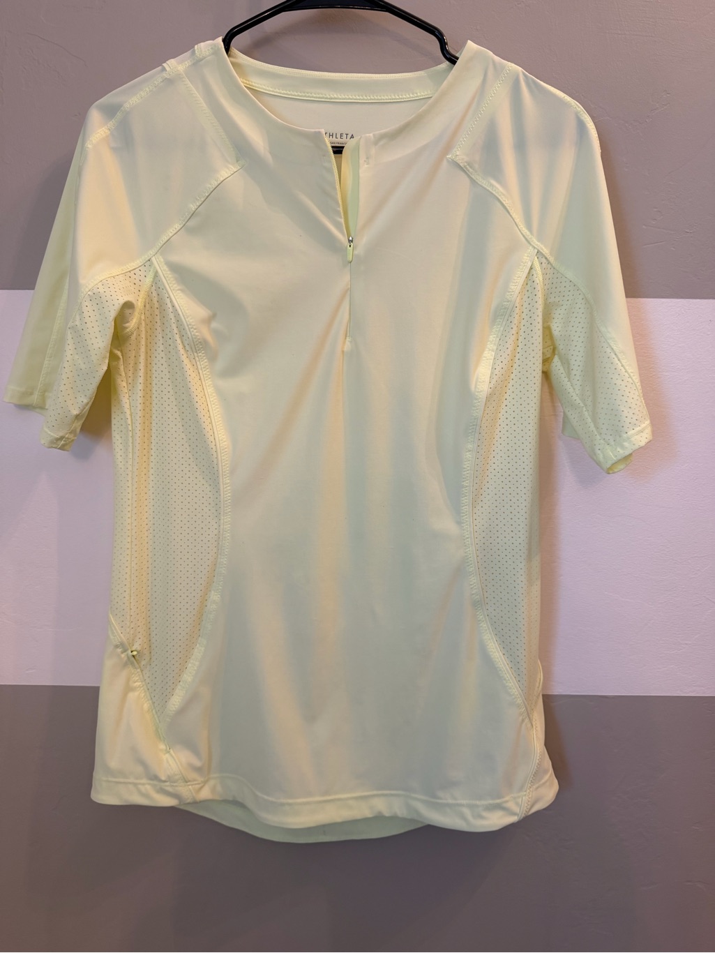 Athleta Pale Yellow Short Sleeve Zip-Front Performance Top Medium